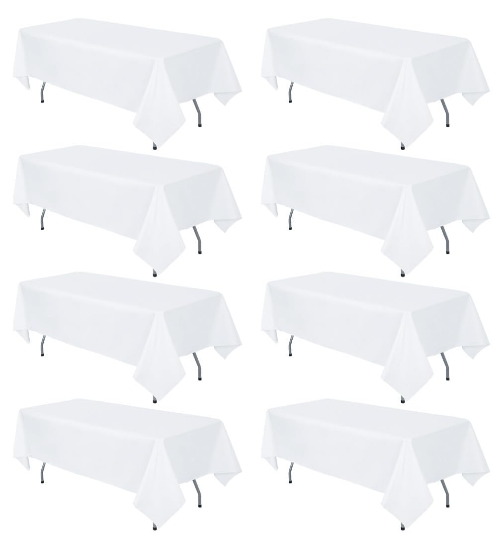 RestfulGlow 8-pack white tablecloth on a 60x126 inch rectangle table for elegant events.
