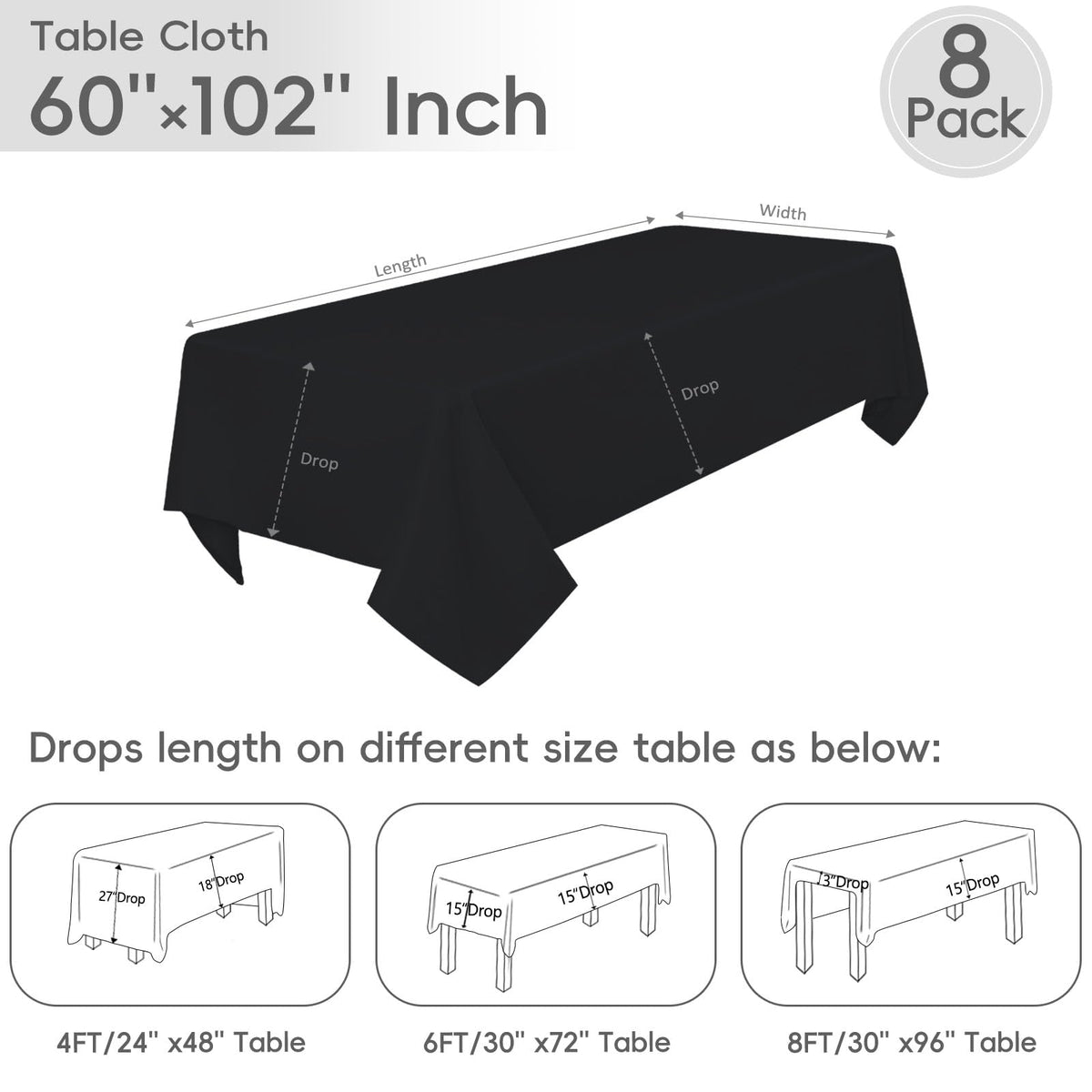 RestfulGlow black tablecloth 15-inch drop covers legs and edges.