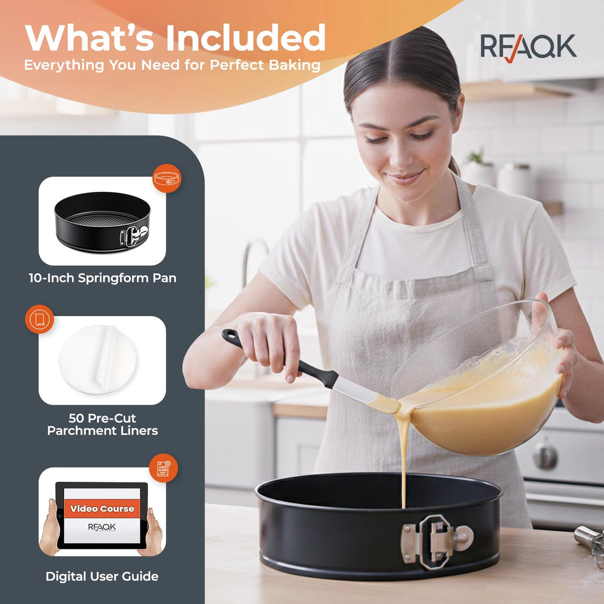 RFAQK springform pan with removable bottom for easy cheesecake release.