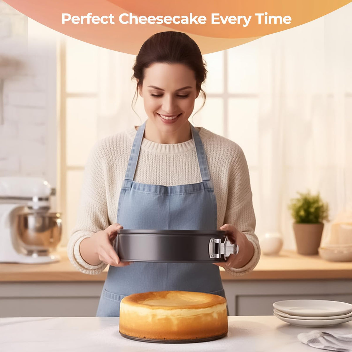 RFAQK nonstick coating image highlights effortless cake release and quick cleanup