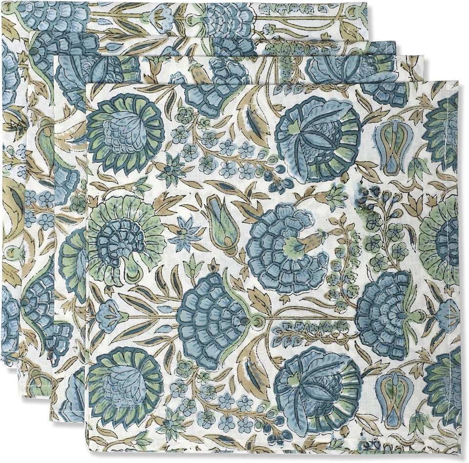 Ridhi Asparagus Green napkins block print closeup shows soft cotton and crisp floral detailing.