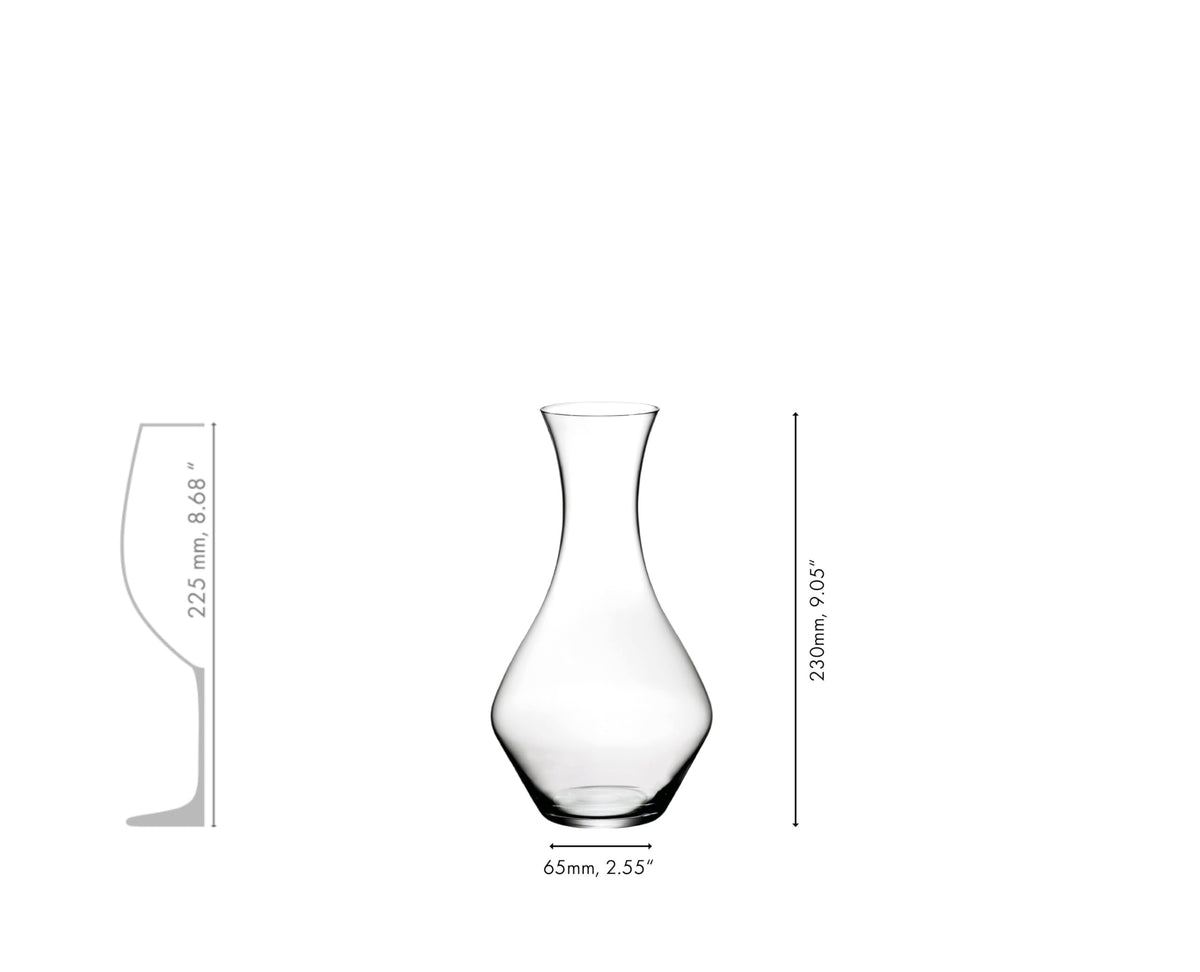Riedel crystal decanter highlighting dishwasher-safe design with hand-wash care note