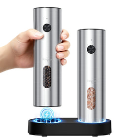 Ringco electric salt and pepper grinder on charging base for quick cordless use.