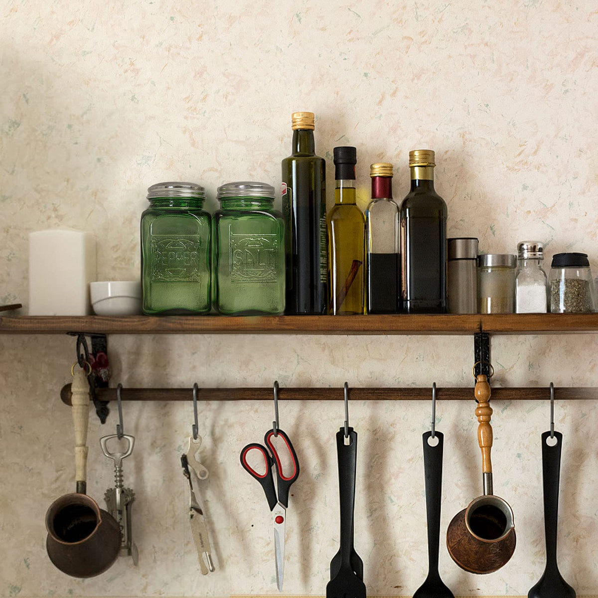 Ritadeshop green glass shaker caps add retro charm while keeping seasoning within reach