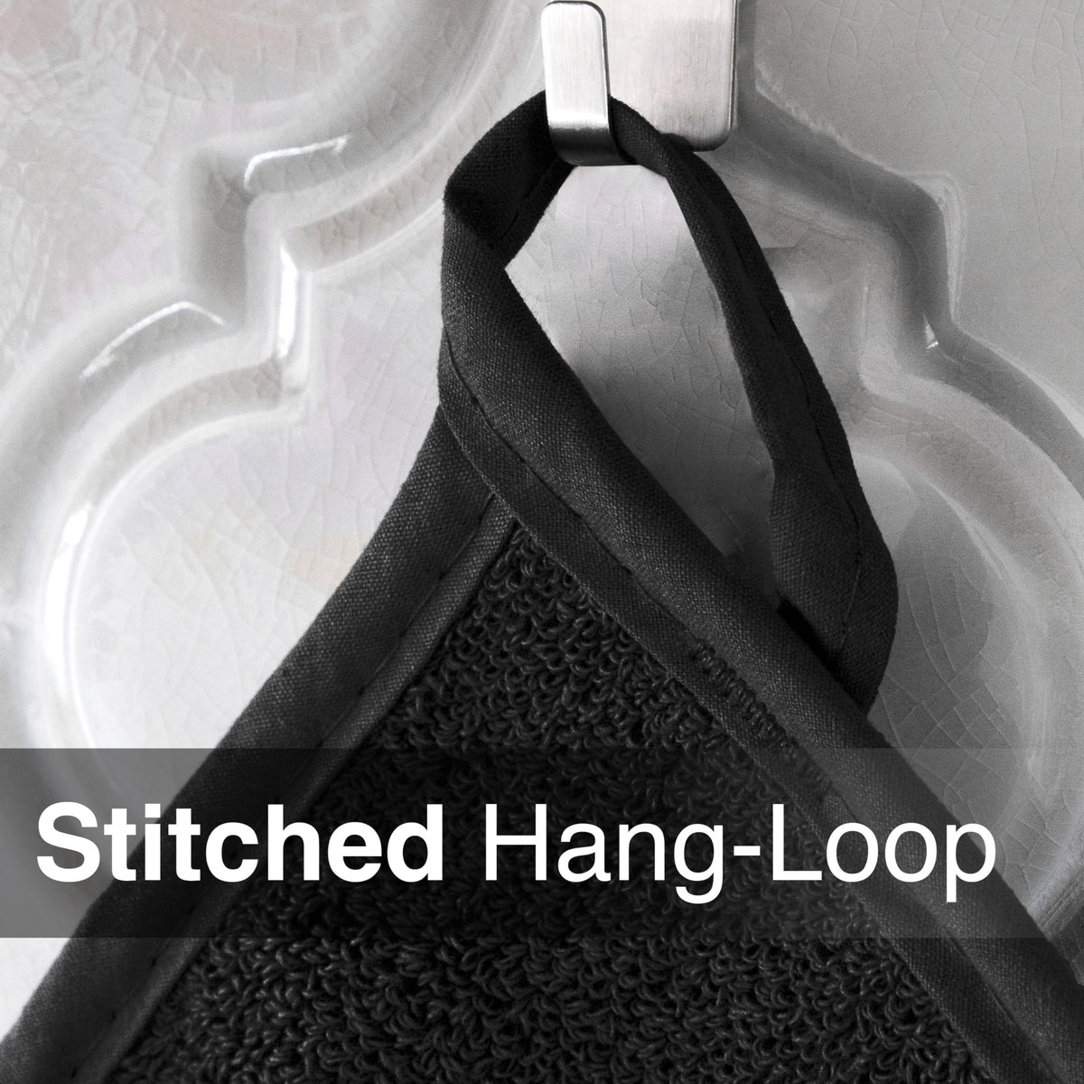 Ritz Terry potholder hanging loop keeps mitts handy.