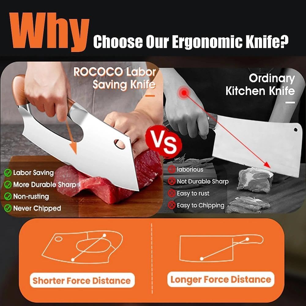 ROCOCO Easy Handle Meat Cleaver hand-forged blade in action for versatile kitchen tasks