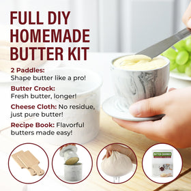 Roman Ventures Dazey Butter Churner hand crank in action for fresh, slow-churned butter.
