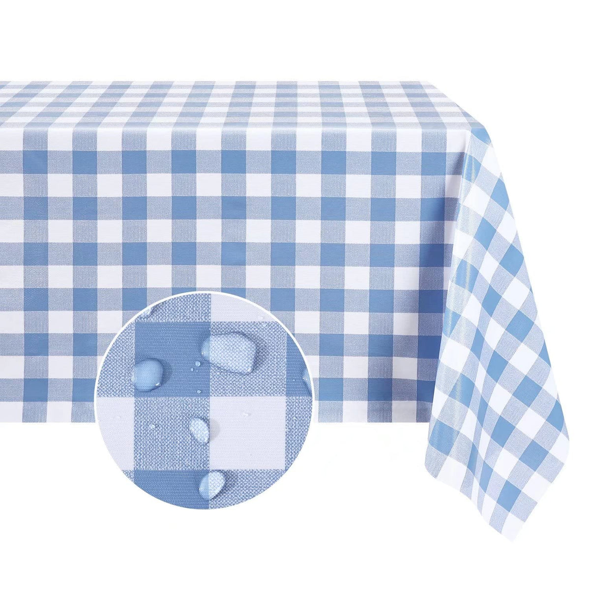 Romanstile rectangle light-blue tablecloth on 54x108 outdoor table, protecting from spills.