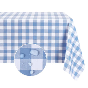 Romanstile rectangle light-blue tablecloth on 54x108 outdoor table, protecting from spills.