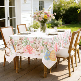 Romanstile waterproof finish tablecloth in use protects surfaces from spills