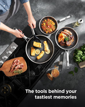 Roomena 12-inch skillet with tri-ply base delivering fast, even heat across the surface.