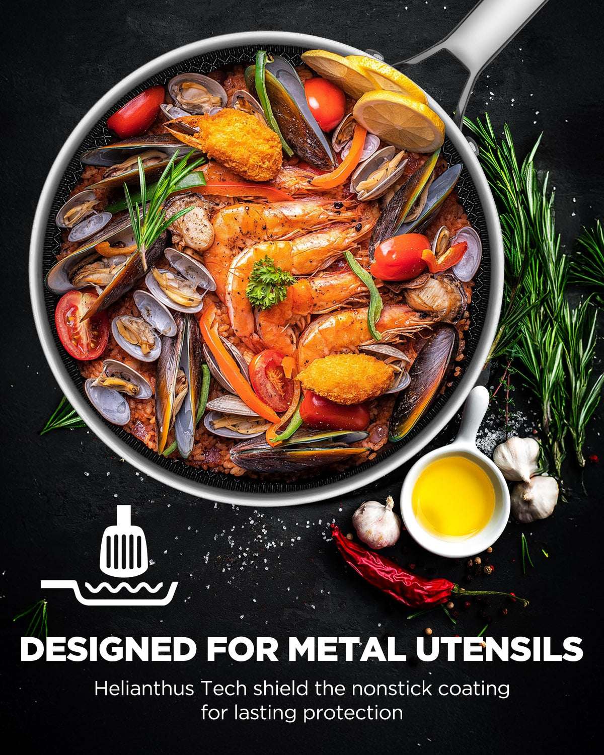 Roomena wok pan metal utensil-safe surface supports sturdy stir-frying