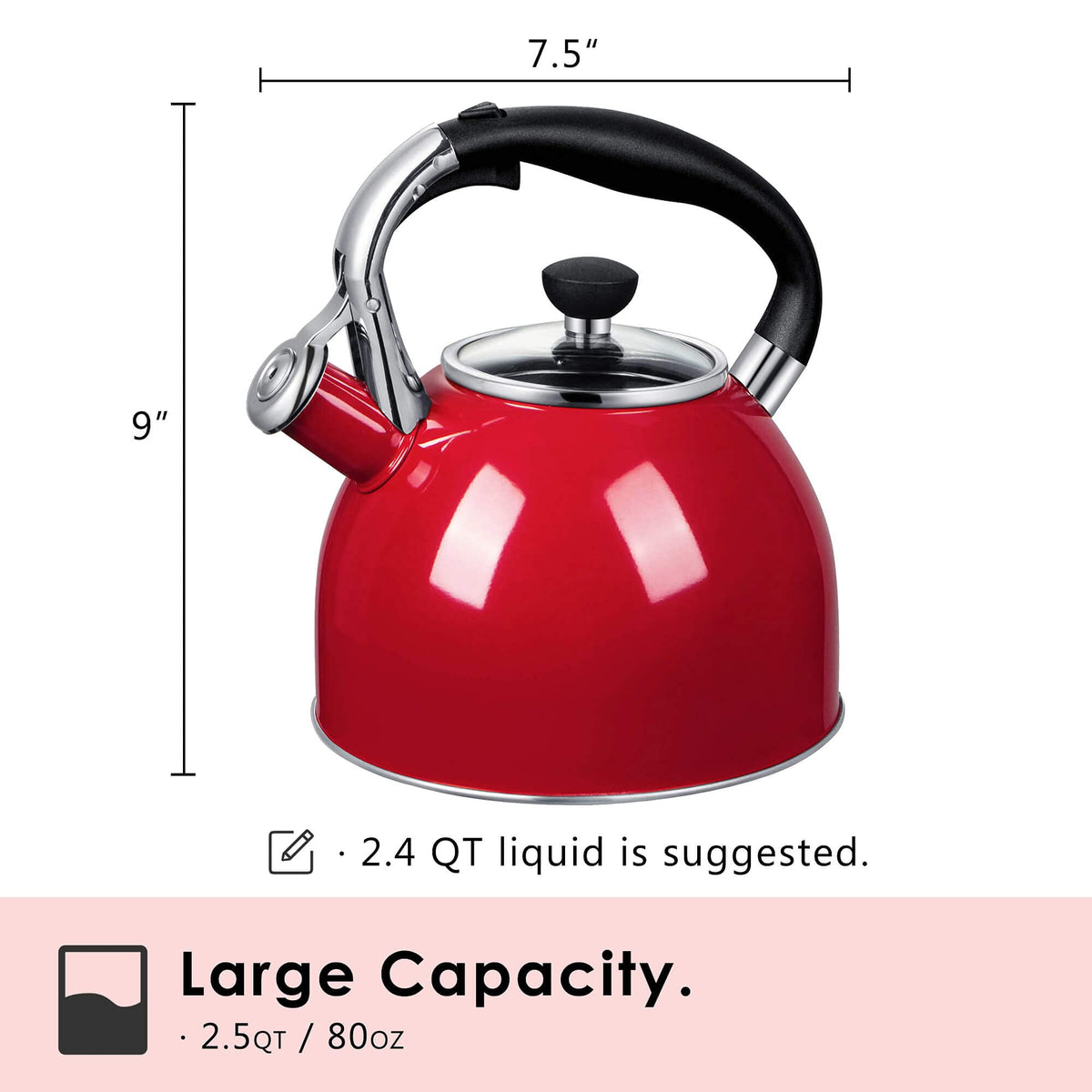 Rorence whistling tea kettle heat-resistant glass lid provides clear monitoring of water