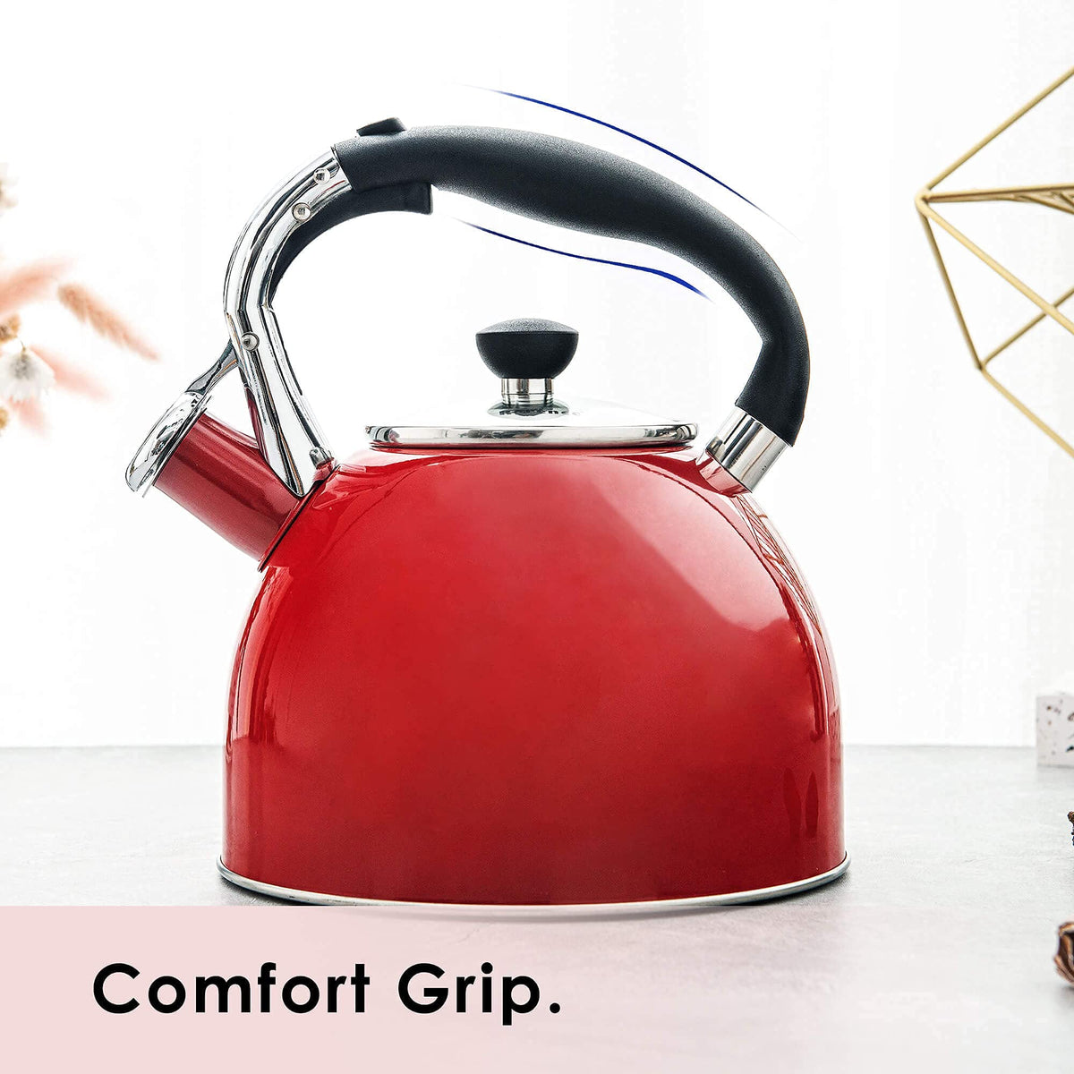 Rorence whistling tea kettle red finish adds vibrant color to your kitchen