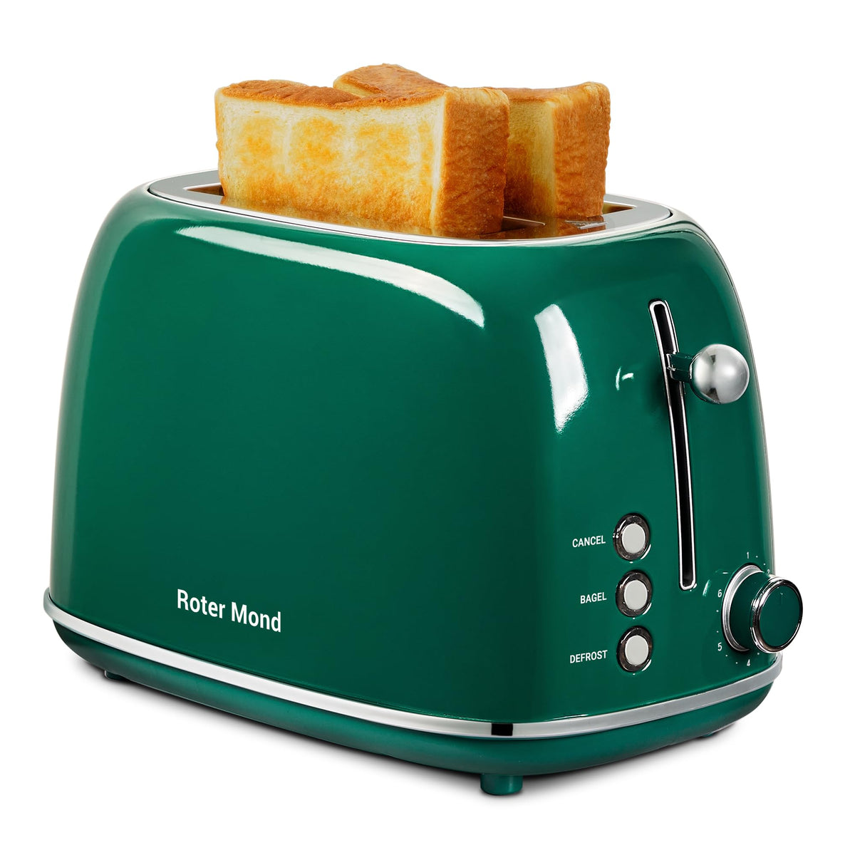 Roter Mond 2-Slice Toaster front view in retro green stainless steel for stylish mornings.
