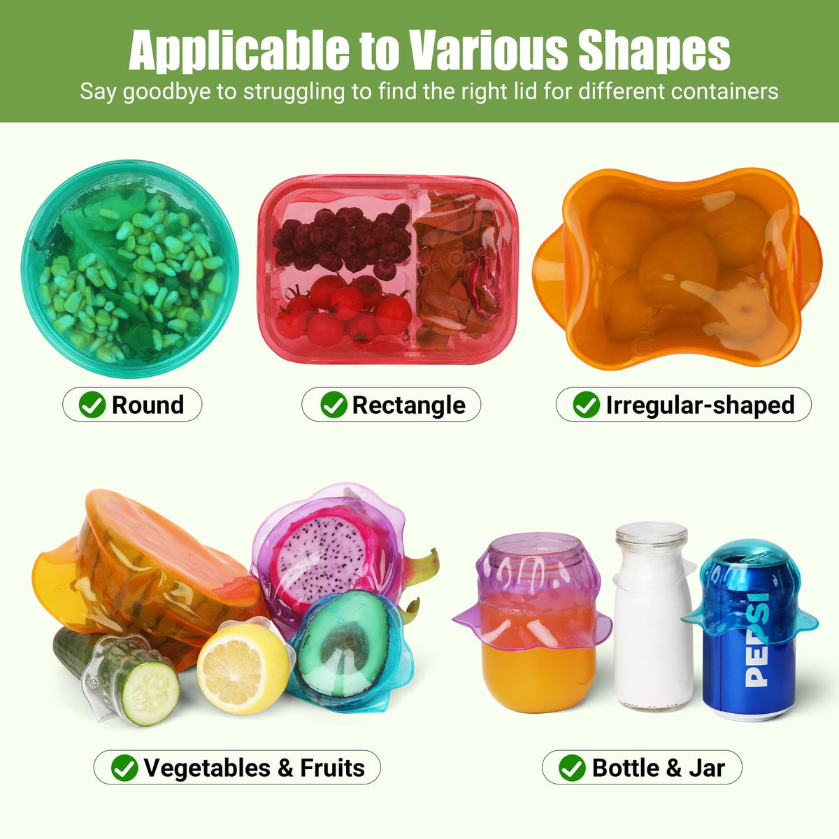 ROTTOGOON stretch lids showing six sizes for versatile containers.