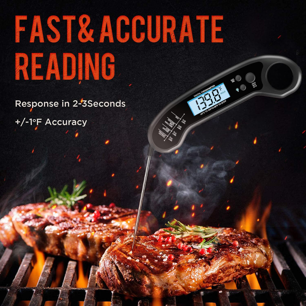 ROUUO thermometer probe close-up highlights food grade safety and quick checks.