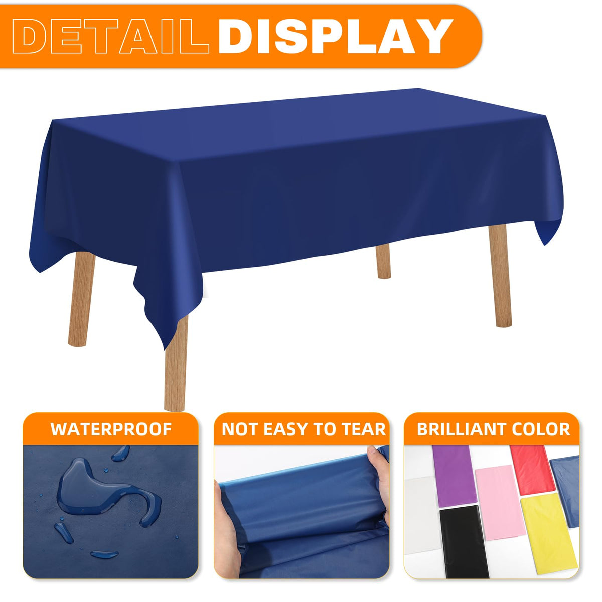 RowinsyDD blue tablecloth unfolded on rectangle table demonstrates full coverage.