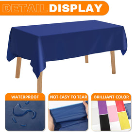 RowinsyDD blue tablecloth unfolded on rectangle table demonstrates full coverage.