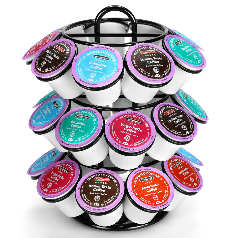 ROWISE 3-tier carousel showing 27-pod capacity for Keurig K-Cups, organized and accessible.