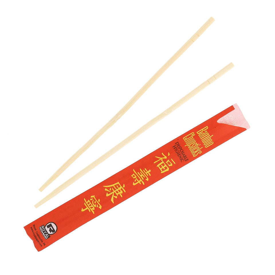 Royal Premium bamboo chopsticks 9-inch sleeved for clean, ready-to-use dining experiences.