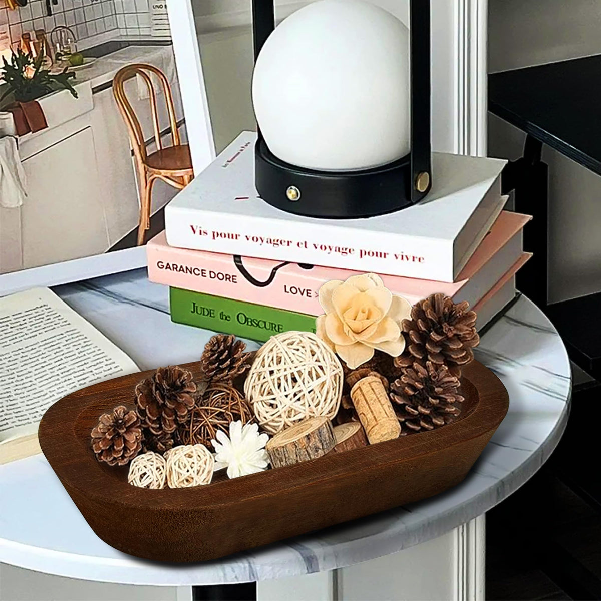 Royxen rustic dough bowl doubles as tray for keys and decor.