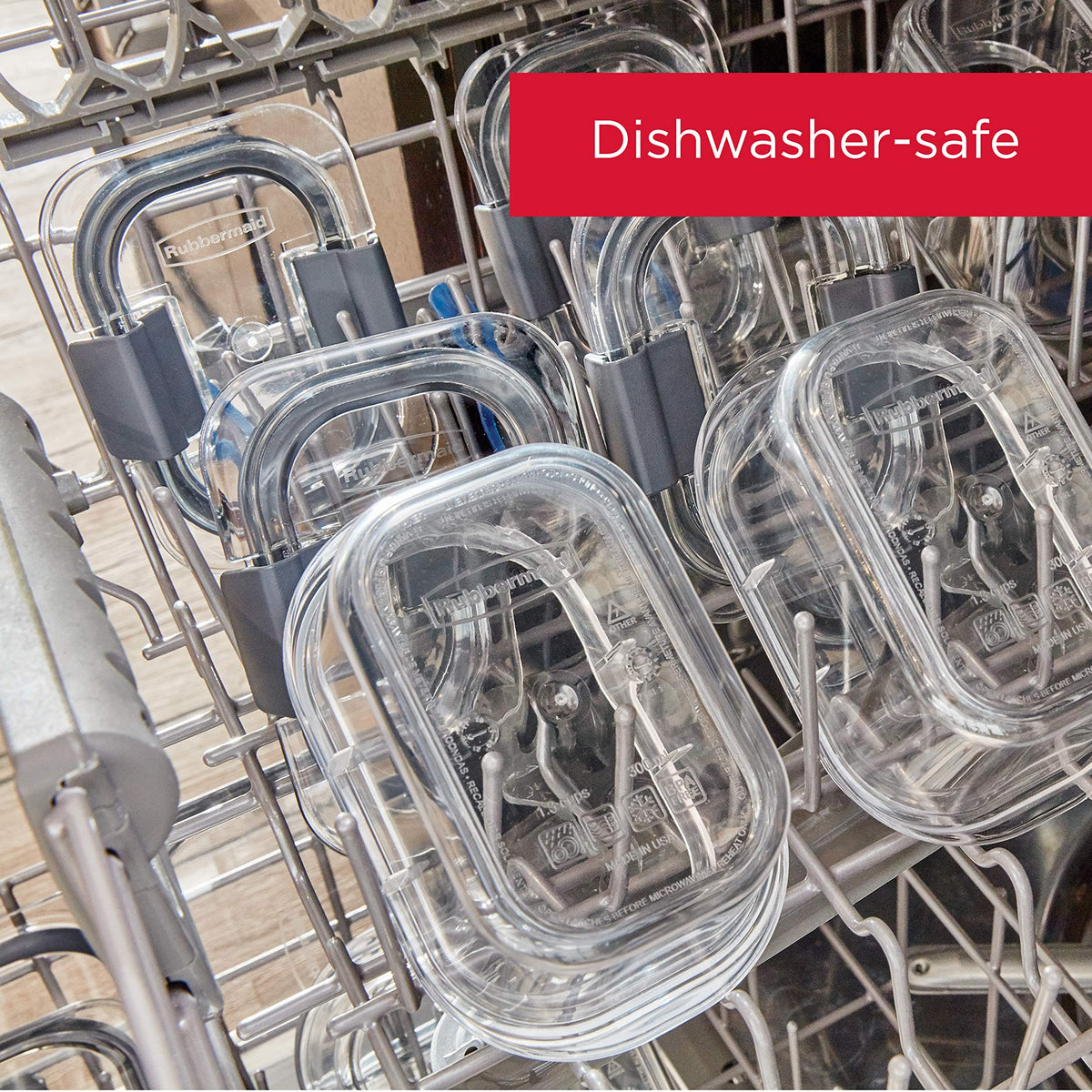 Rubbermaid Brilliance dishwasher-safe label indicating easy cleanup