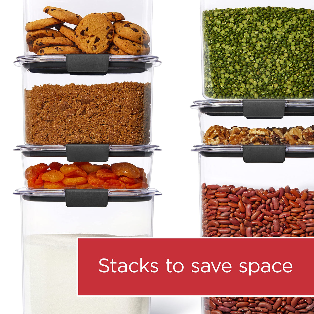 Rubbermaid Brilliance freezer-safe container protects flour and sugar in cold storage.