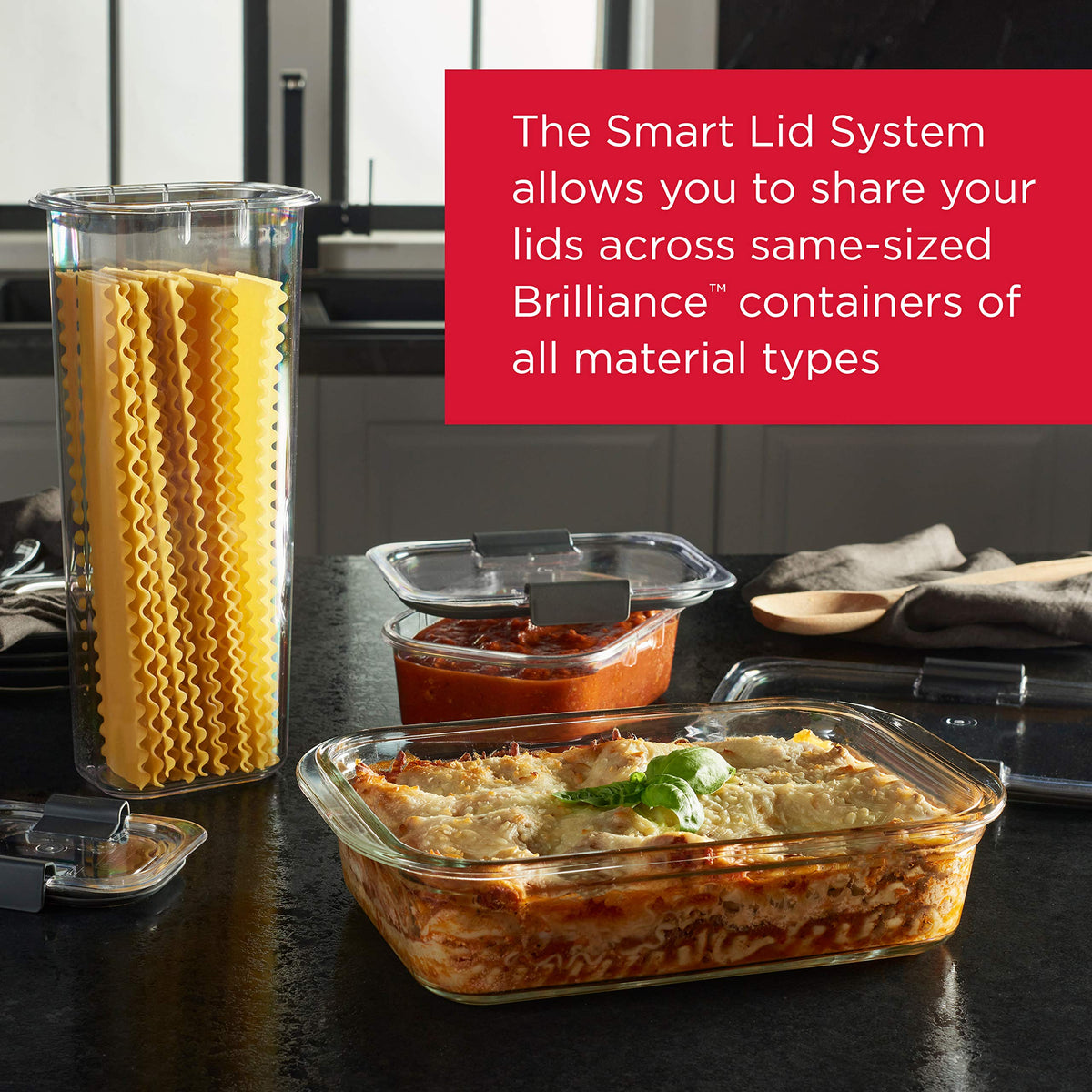 Rubbermaid Brilliance stackable design for compact fridge organization.