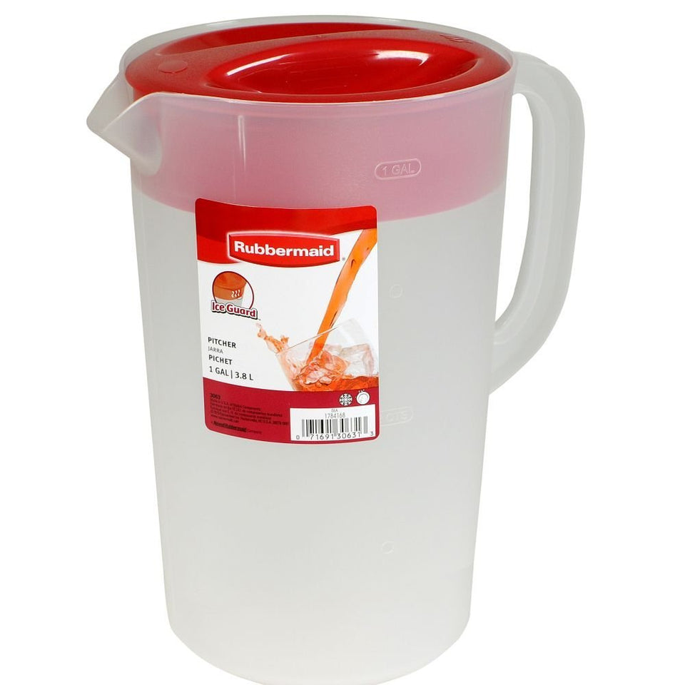 Rubbermaid Clear Pitcher 1 gallon with red lid for family beverages and easy pouring.