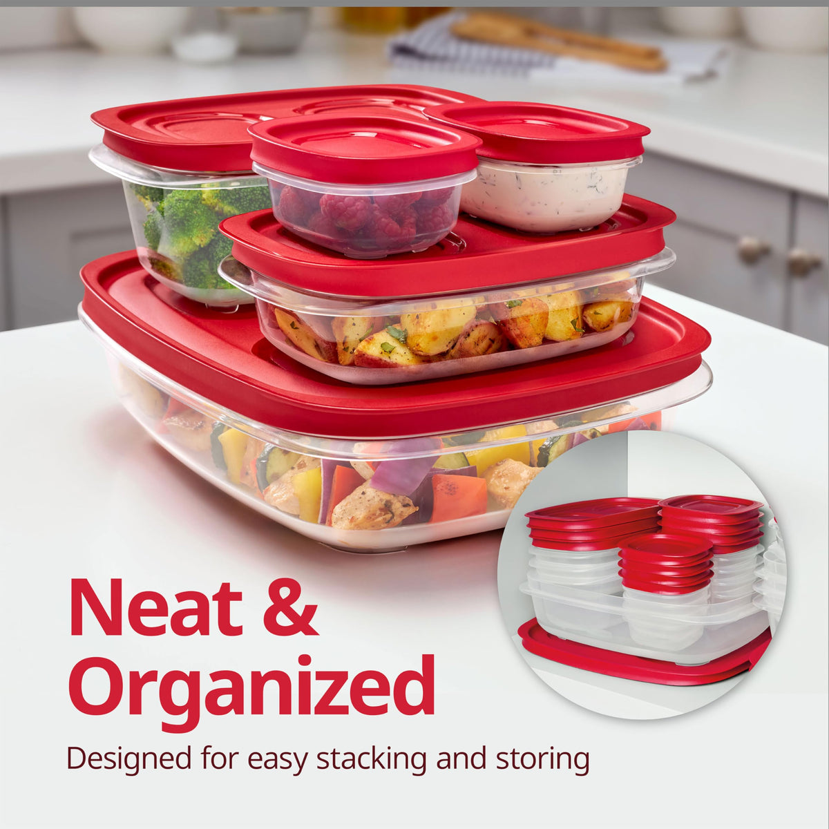  Rubbermaid EasyStore large containers nest inside each other to save pantry space.