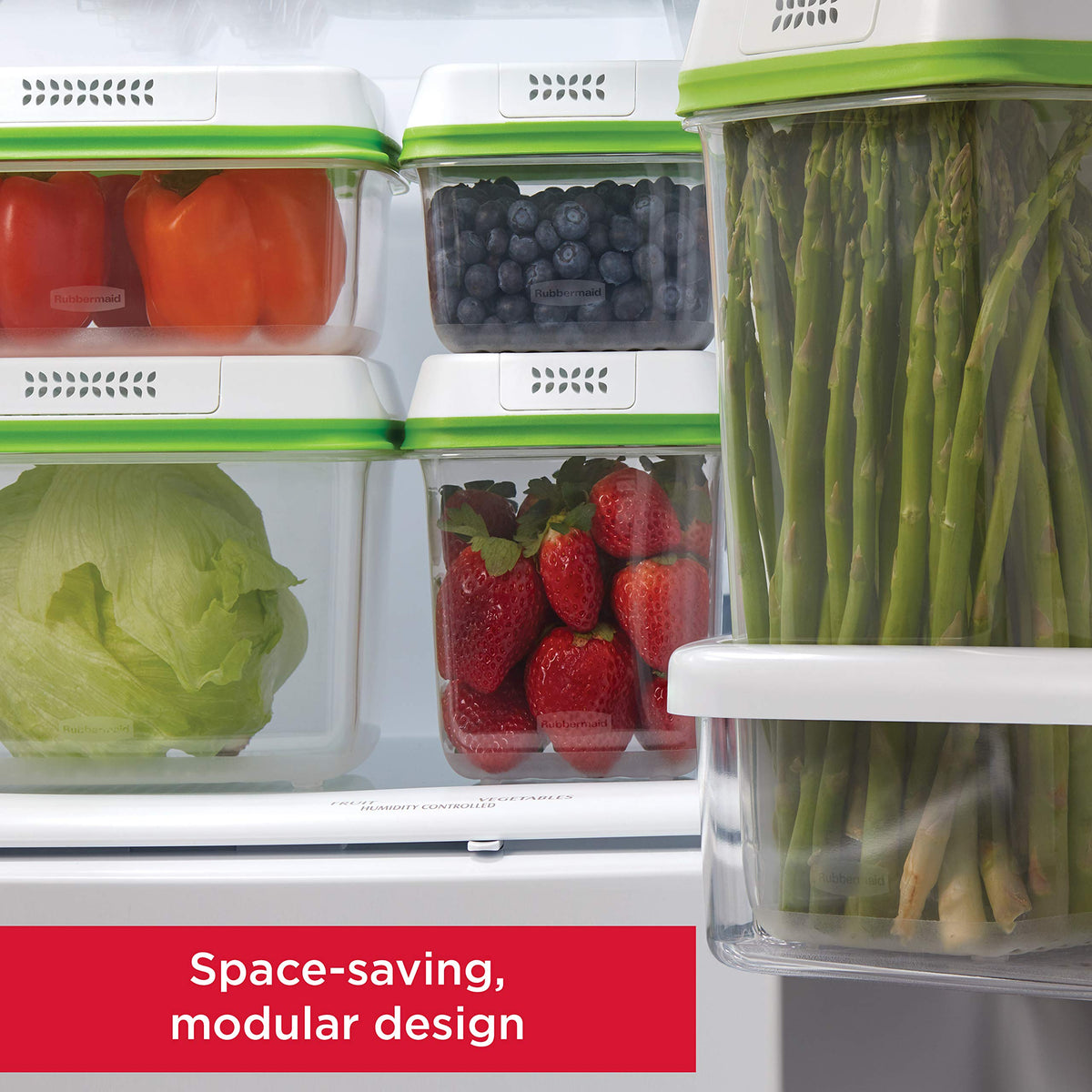 Rubbermaid FreshWorks in-fridge use keeps produce well-ventilated.