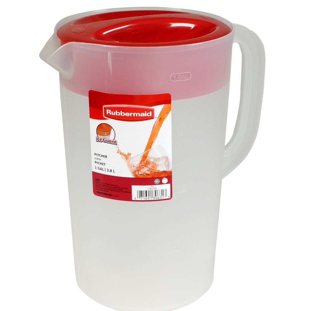 Rubbermaid pitcher with red lid showing open pour spout for quick pouring