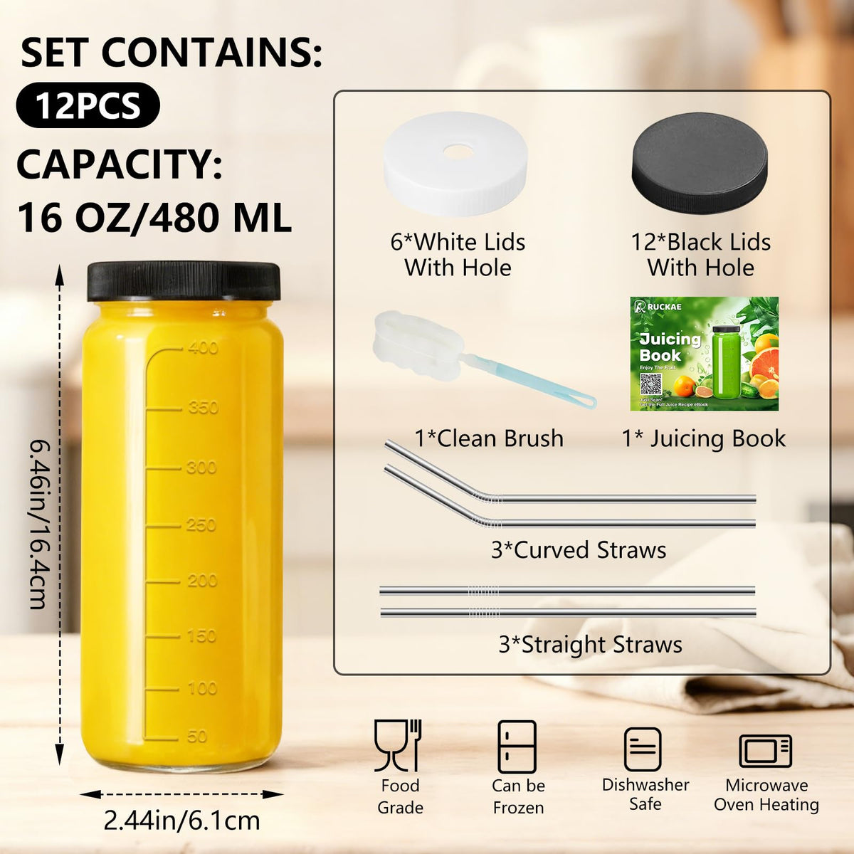 Ruckae glass juice bottles with leakproof lids for portable beverages.
