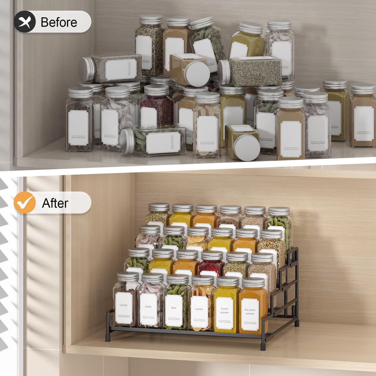 RUILALIFE easy-assembly spice shelf simplifies setup with no screws required.
