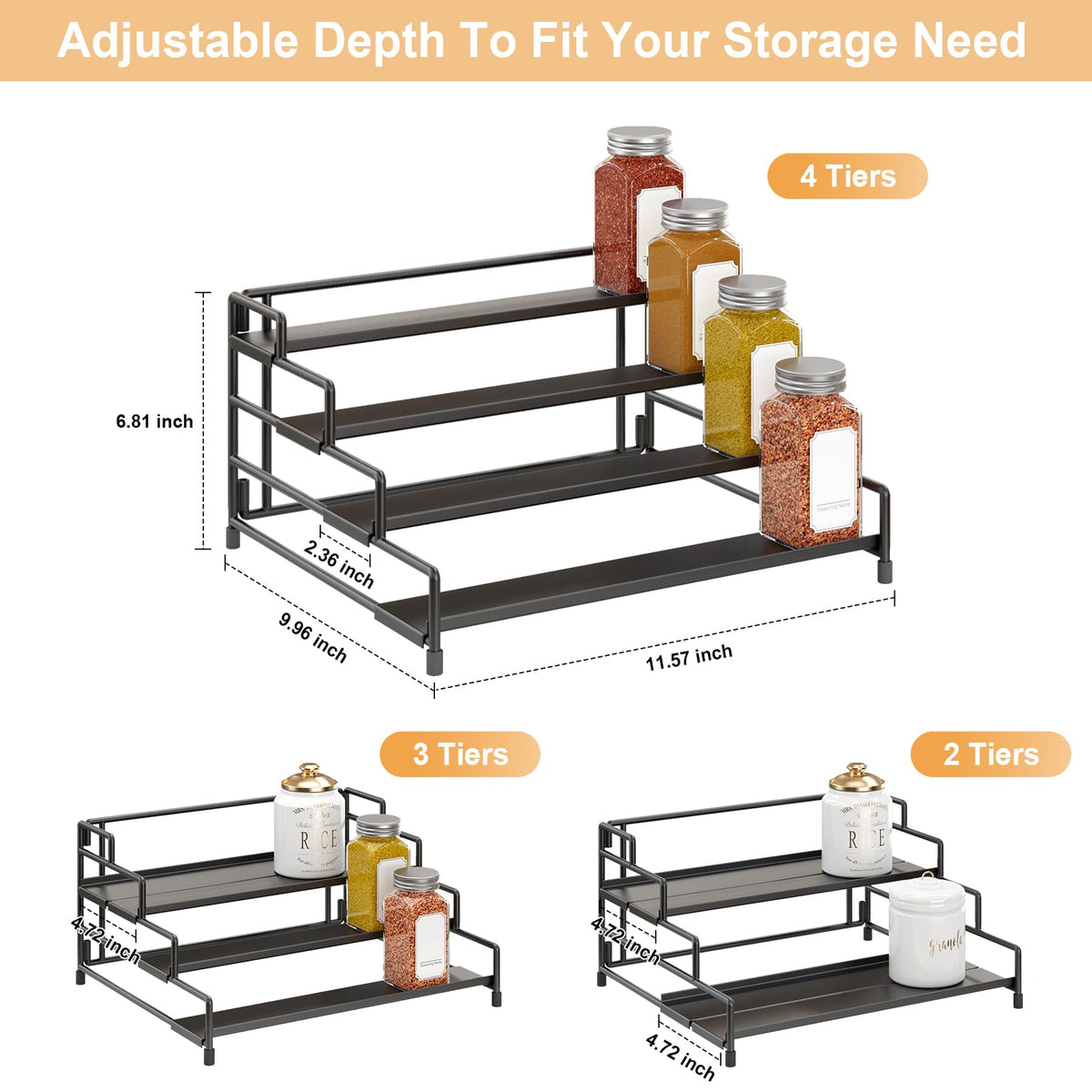 RUILALIFE front-lip spice holder prevents jars from tipping while you scoop.