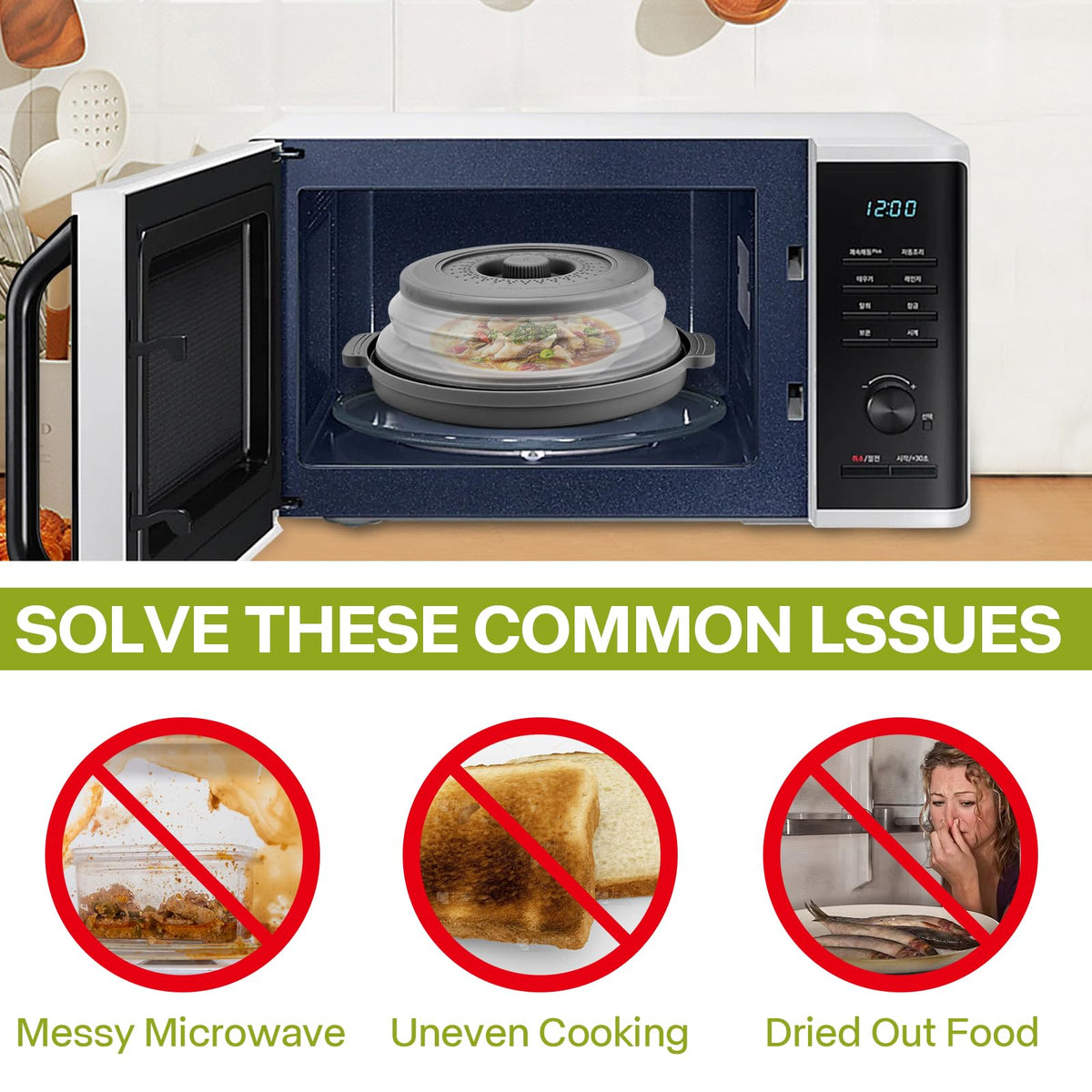 Saebume foldable vented lid fits many bowls for even heating.
