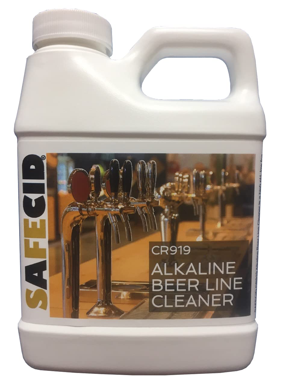 Safecid alkaline beer line cleaner bottle demonstrates residue-free flush for clean flavors.