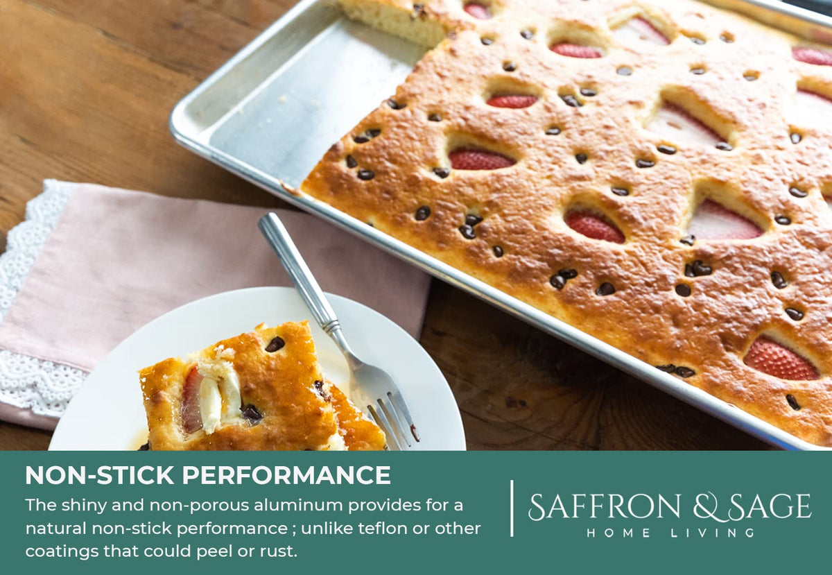 Saffron & Sage warp-resistant rim shown on heavy-duty bakeware at high heat.