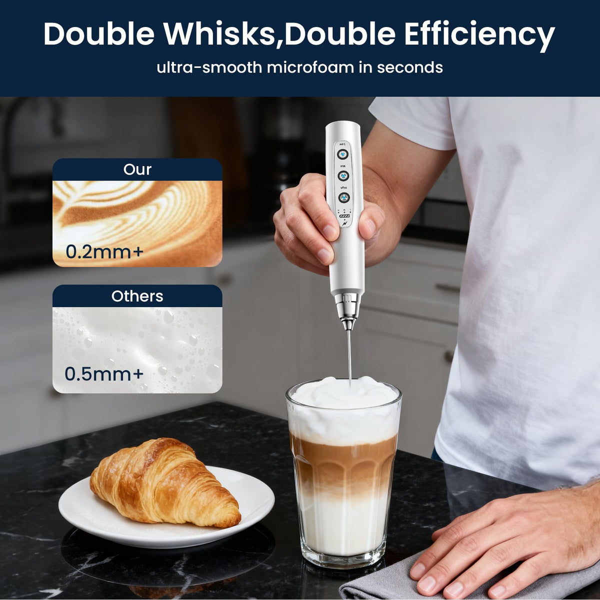 Sakgos rechargeable frother with stand and charging indicator ready for use.