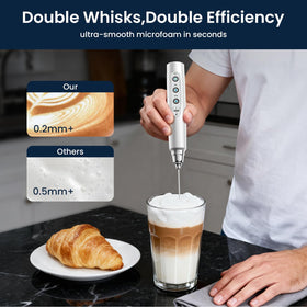 Sakgos rechargeable frother with stand and charging indicator ready for use.
