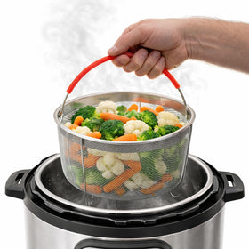 Salbree Original Steamer Basket 6qt with silicone handle for easy one handed lifting.