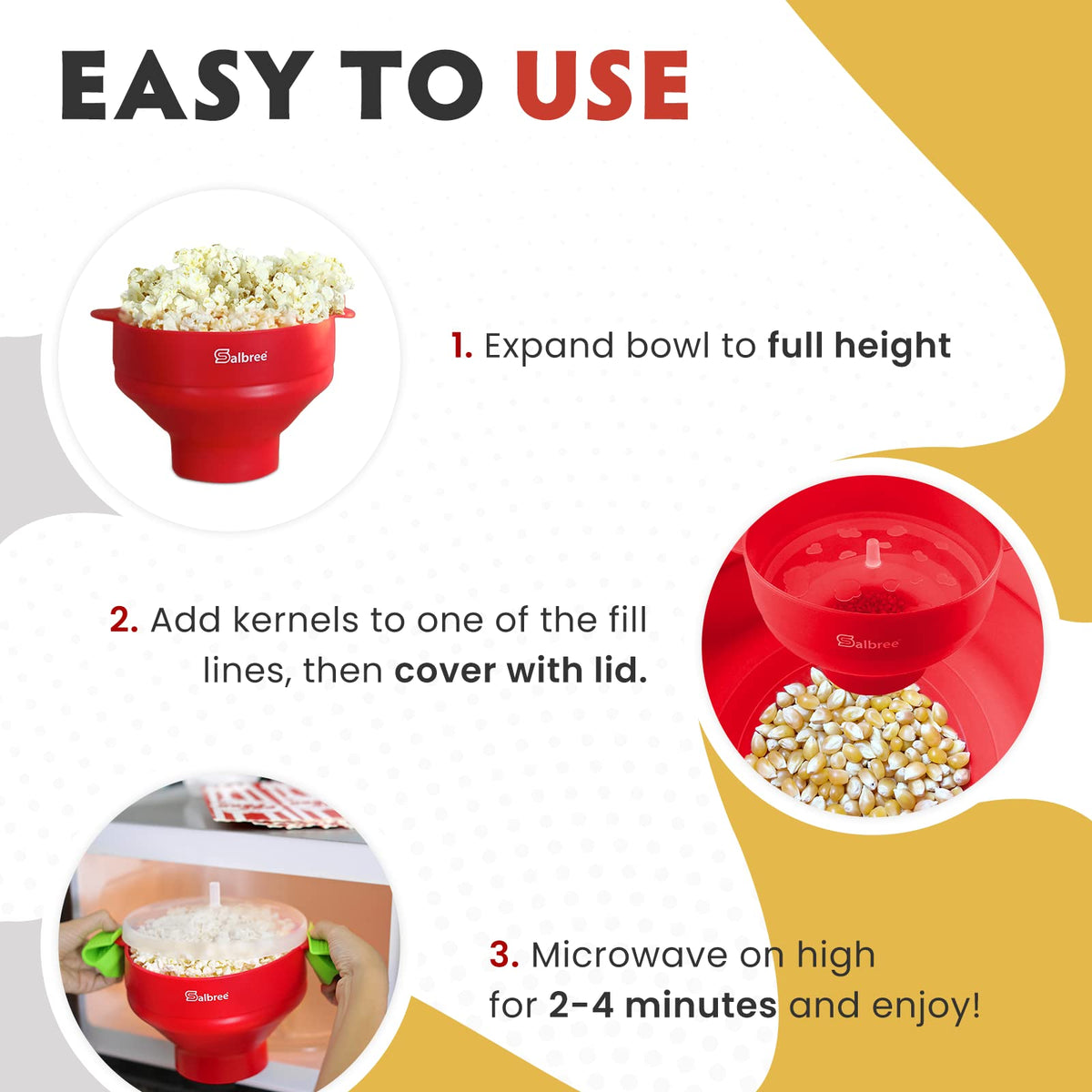 Salbree popper with built-in handles for safe microwave removal