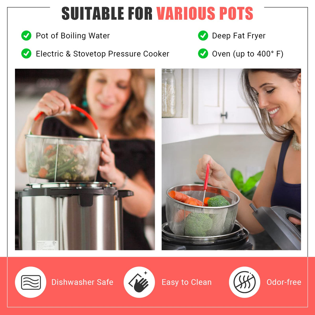 Salbree basket inside pot with red silicone handle for comfortable lifting.