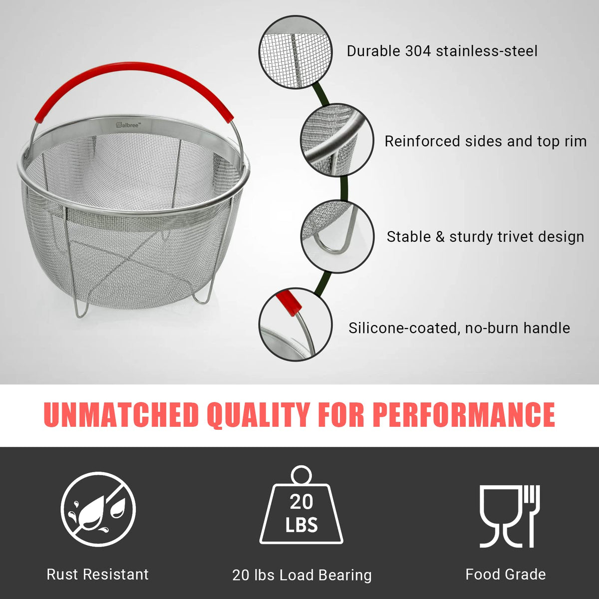 Red silicone handle on Salbree basket for comfortable grip