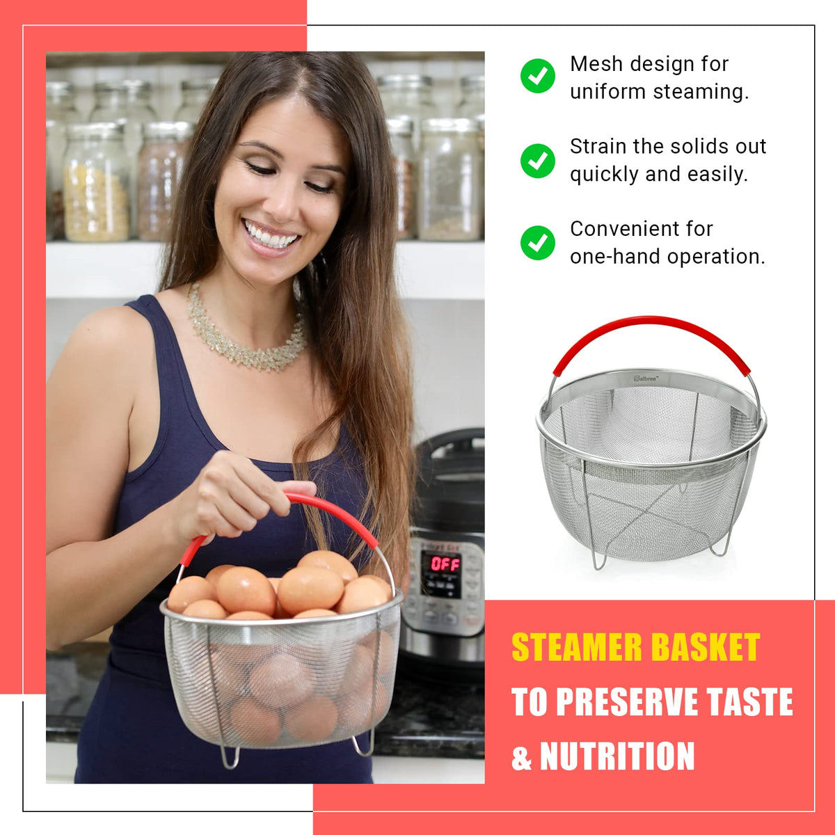 Salbree steamer basket showing egg bite mold with attached handles for safe removal.