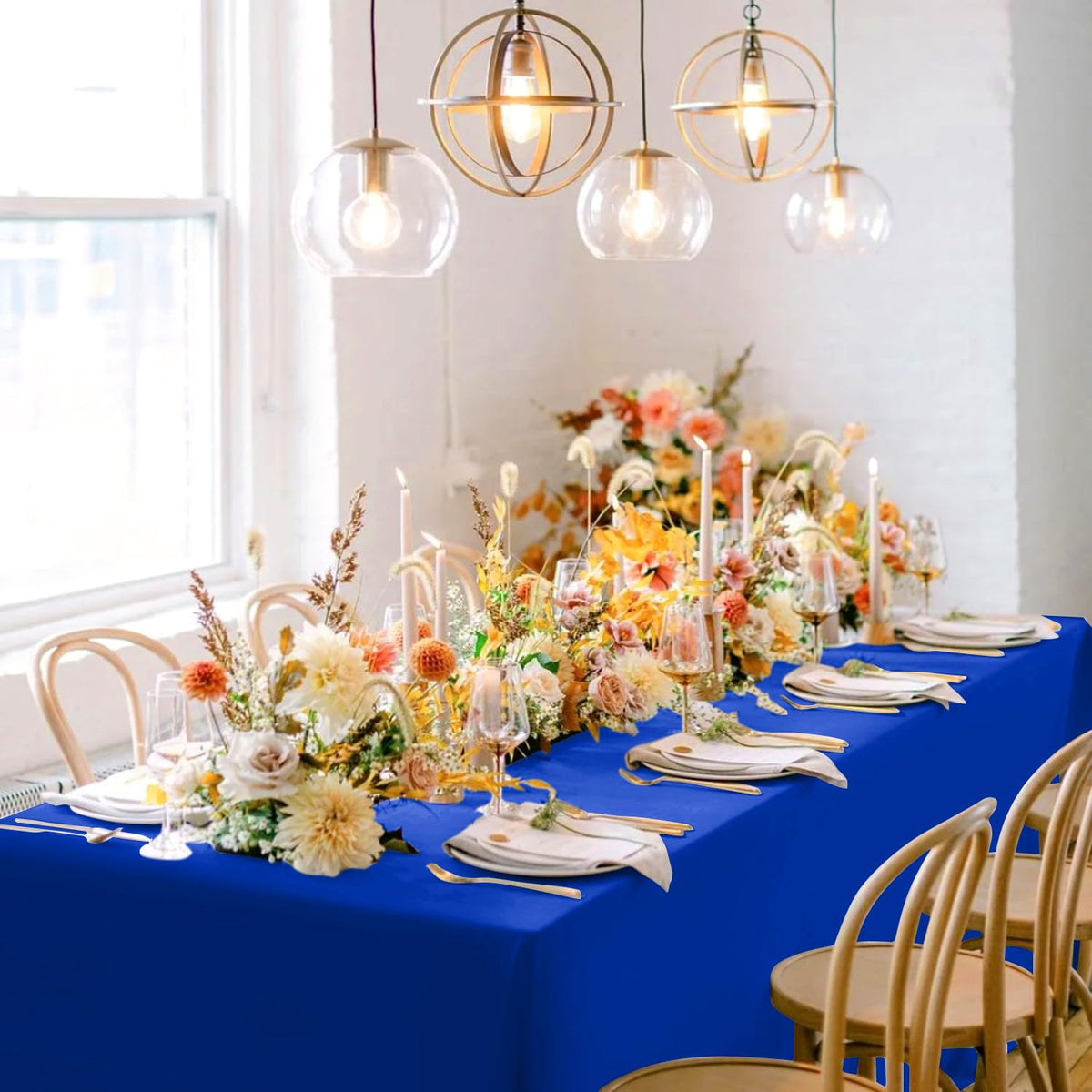 sancua Royal Blue tablecloth showing wrinkle-free finish for elegant dining