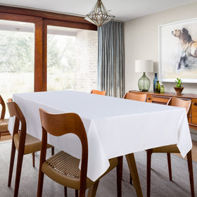 Sancua white tablecloth close-up showing fade-resistant polyester fabric.