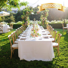 Sancua white tablecloth on a banquet table with a clean, professional presentation