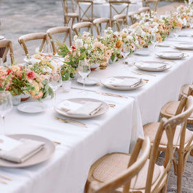 Sancua white tablecloth at buffet setup protects surfaces from spills